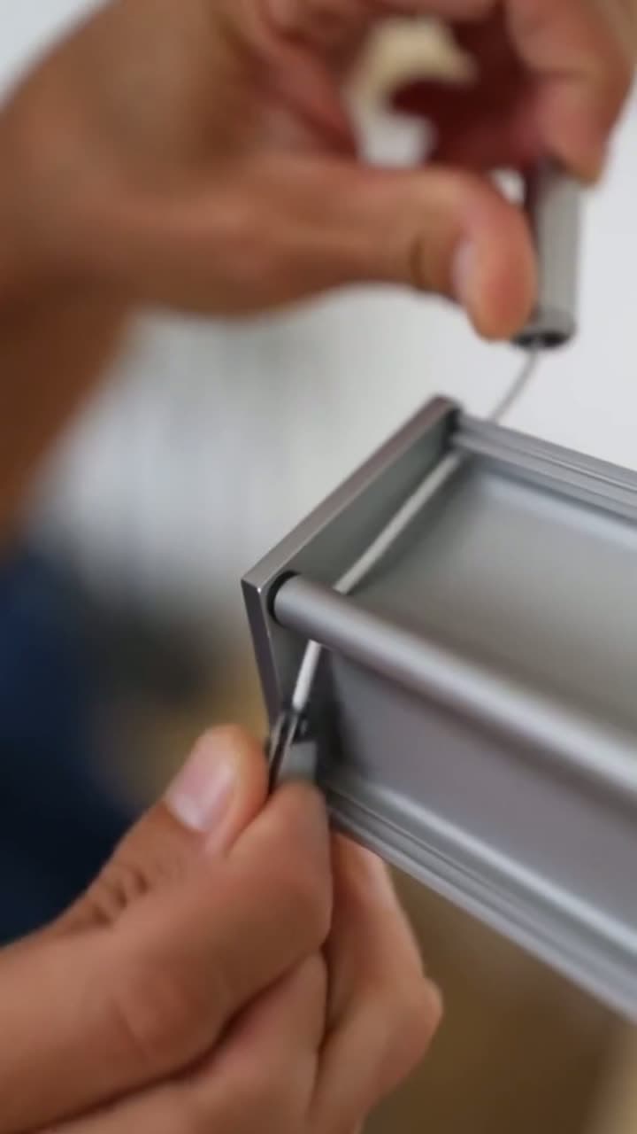 The Cobra end of a Perlon cord being pushed into the channel of an aluminium picture rail