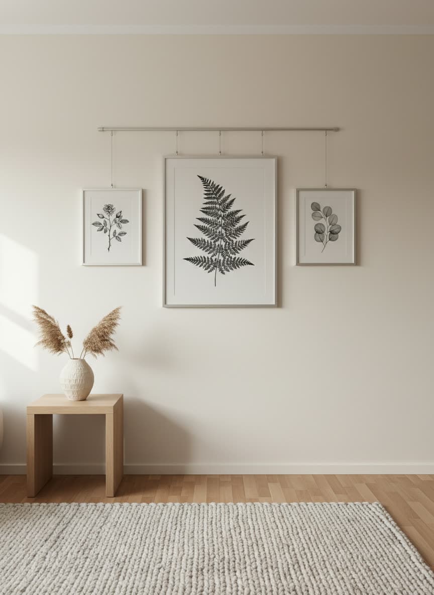 A residential wall with three botanical prints hanging from a ceiling-line rail