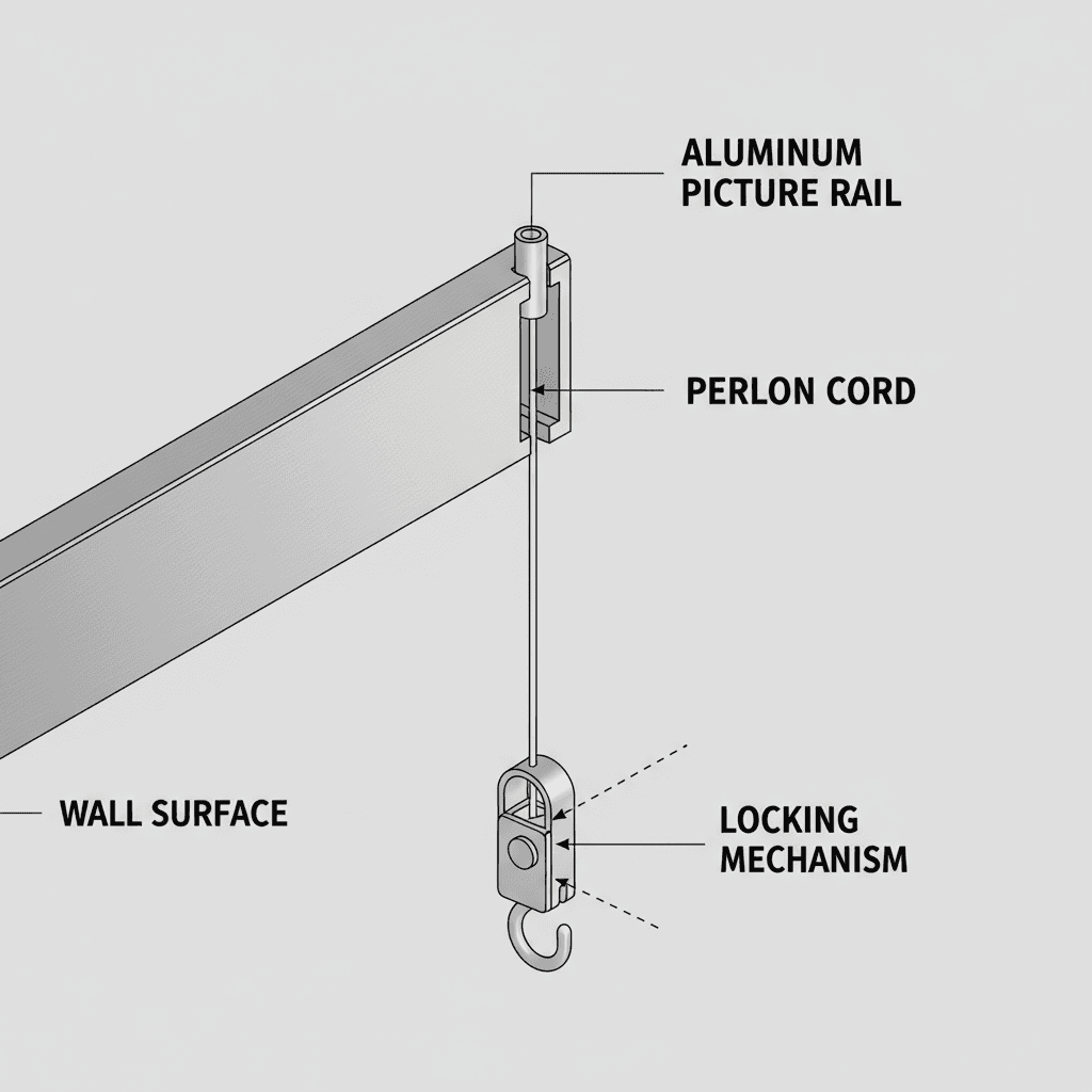 Section drawing: aluminium rail, Perlon cord running from the rail channel, and the locking hook